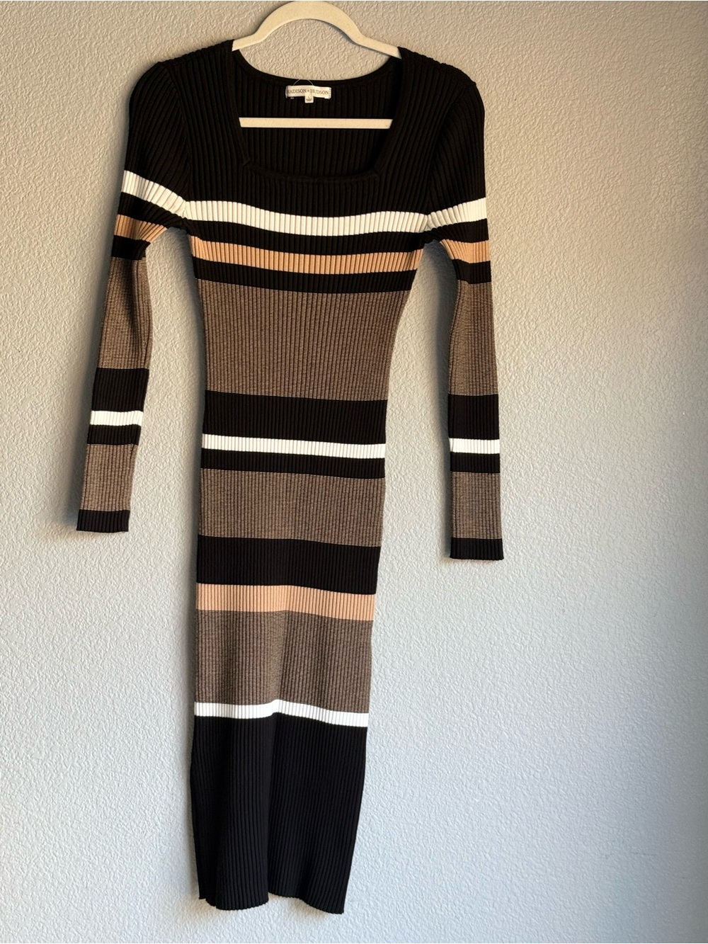Striped Ribbed Long-Sleeve Midi Dress - Black, Brown & Cream